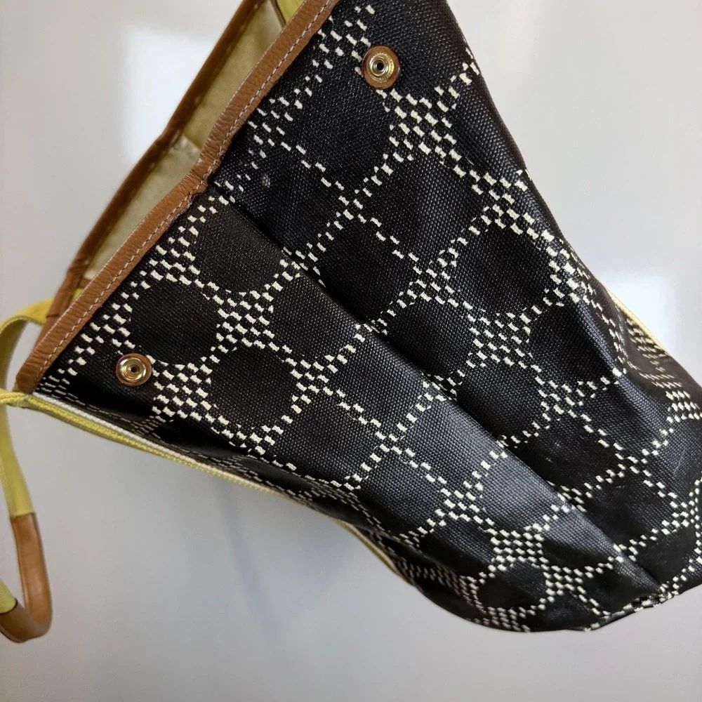 Kate Spade Tote Bag Medium Black Canvas Leather Yellow Straps Geometric